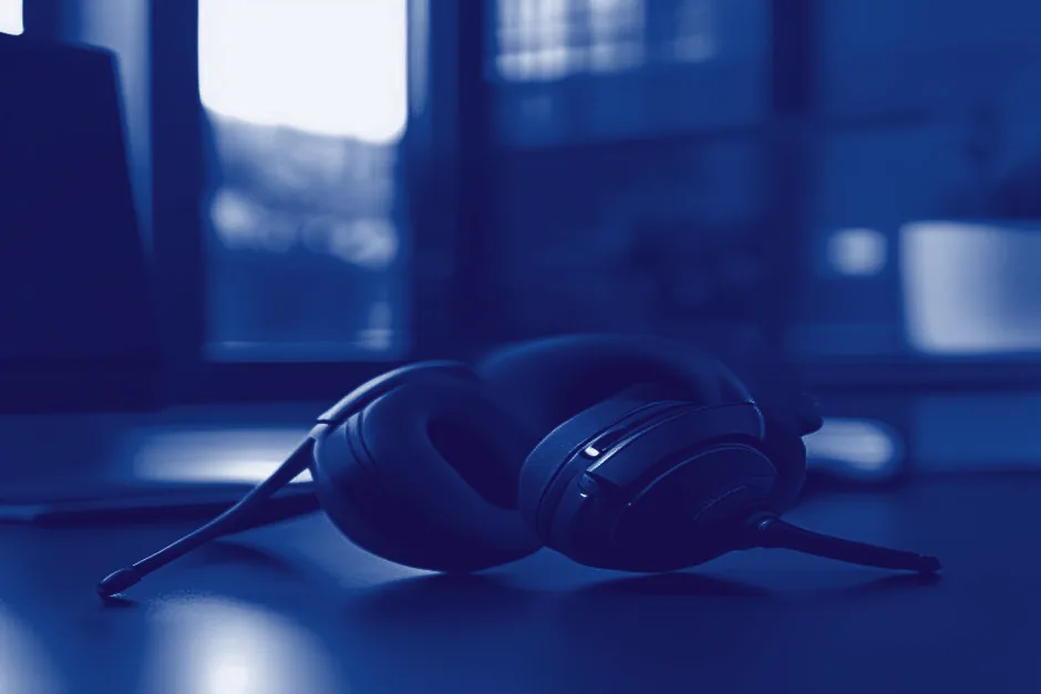 Professionelles Headset mit Mikrofonbügel auf einem Schreibtisch vor einem Monitor