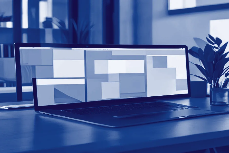 Laptop mit einem reduzierten Website-Layout auf einem hellen Schreibtisch
